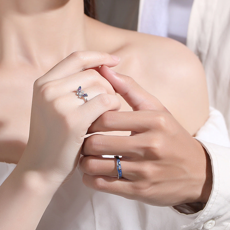 Adjustable Pure Silver Couple Rings Star Butterfly Lovers Zodiac Matching Set For Him And Her Gift Idea For Couples