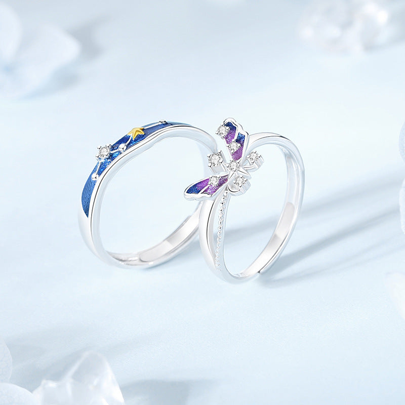 Adjustable Pure Silver Couple Rings Star Butterfly Lovers Zodiac Matching Set For Him And Her Gift Idea For Couples