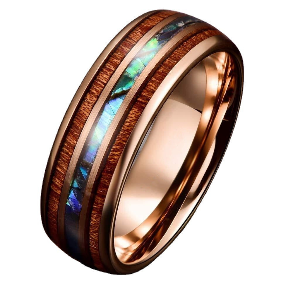 Womens Rose Gold Wood Grain Stainless Steel Ring Geometric Design Trendy Elegant Titanium Steel Jewelry Gift Chic