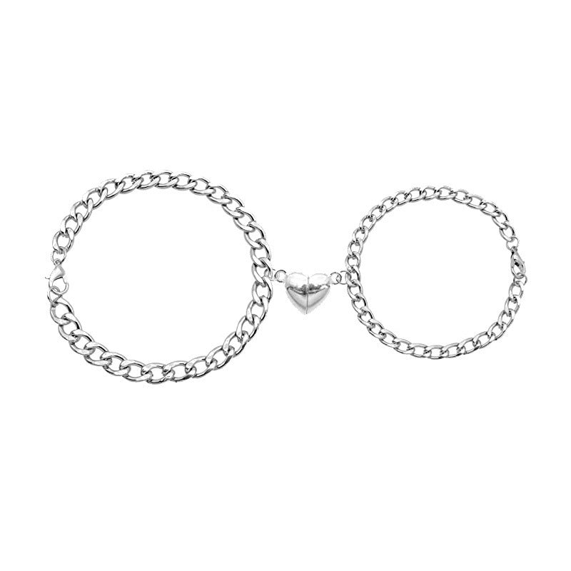 Couple Magnetic Cuban Link Heart Bracelets Set His Hers Fashion Metal Jewelry Black White Gold Finishes Colors