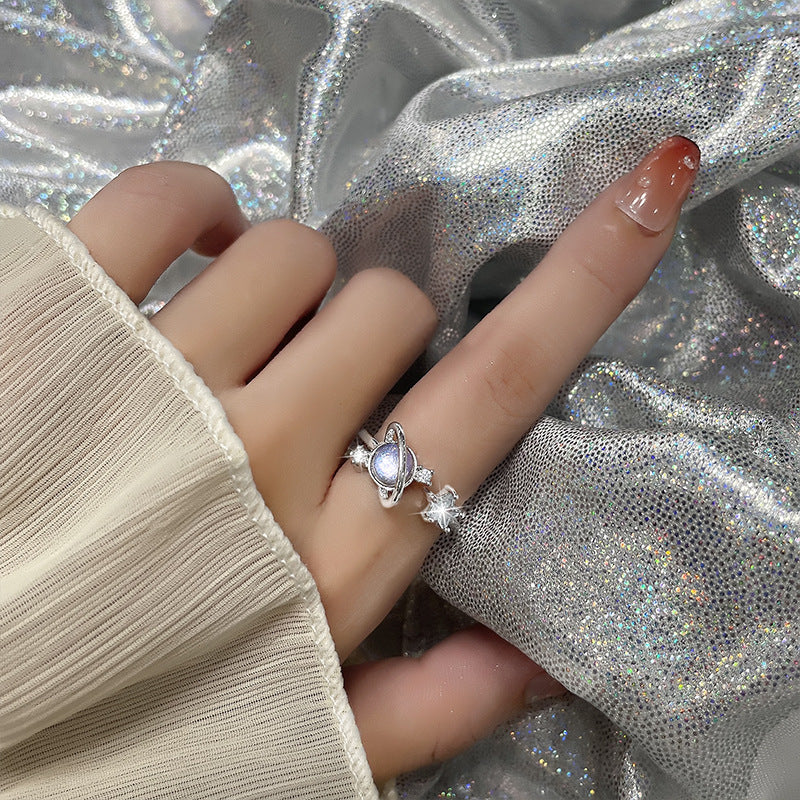 Womens Copper Ring With Inlaid Zircon Star And Planet Design Fashion Jewelry Diameter 17mm Classic Accessory Style
