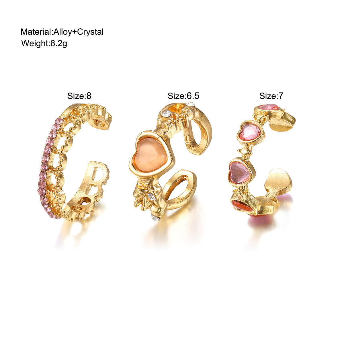 Womens Heart Shaped Ring Set 3 Piece Rings Pink Gold Purple