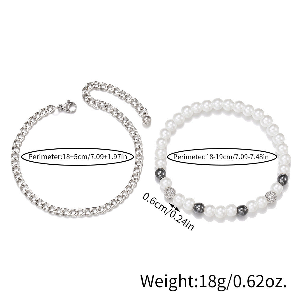 Unisex Geometric Bracelet Set Artificial Pearl Chain Bracelets With Zircon Accents Matching Couple Jewelry Gift