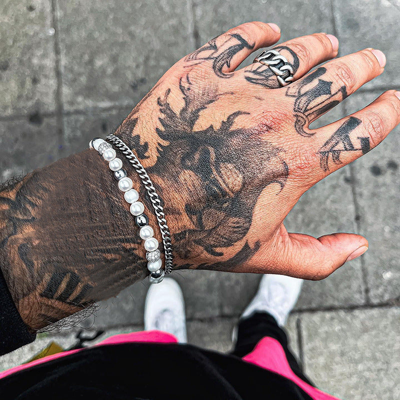 Unisex Geometric Bracelet Set Artificial Pearl Chain Bracelets With Zircon Accents Matching Couple Jewelry Gift