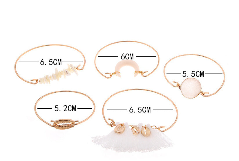Womens Alloy Shell Tassel Bracelets Set Of Five Pieces Electroplated Gold Finish Boho Chic Jewelry Accessories