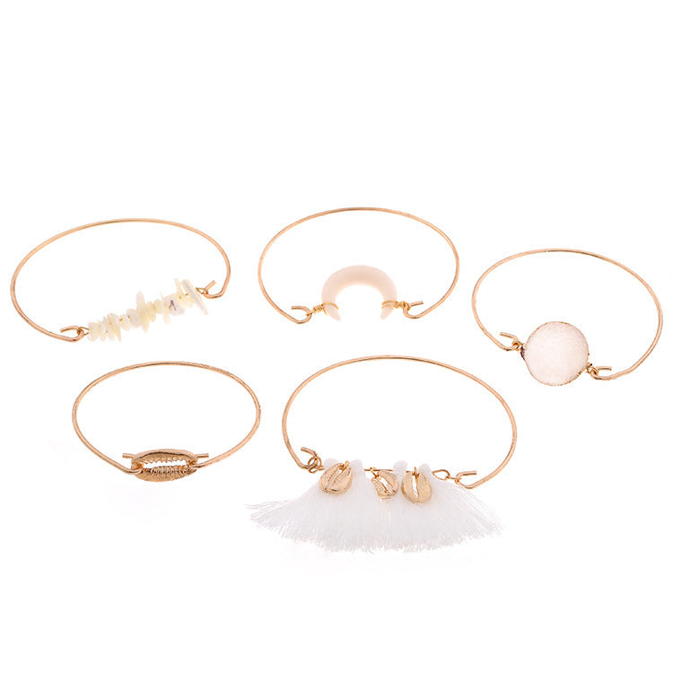 Womens Alloy Shell Tassel Bracelets Set Of Five Pieces Electroplated Gold Finish Boho Chic Jewelry Accessories