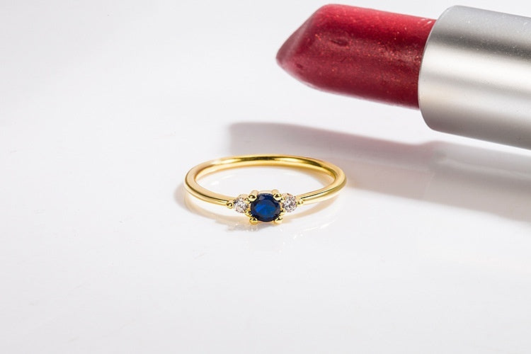 Womens Blue Diamond Ring 14K Gold Plated Copper Geometric Design Lightweight Durable Everyday Jewelry Gift Style