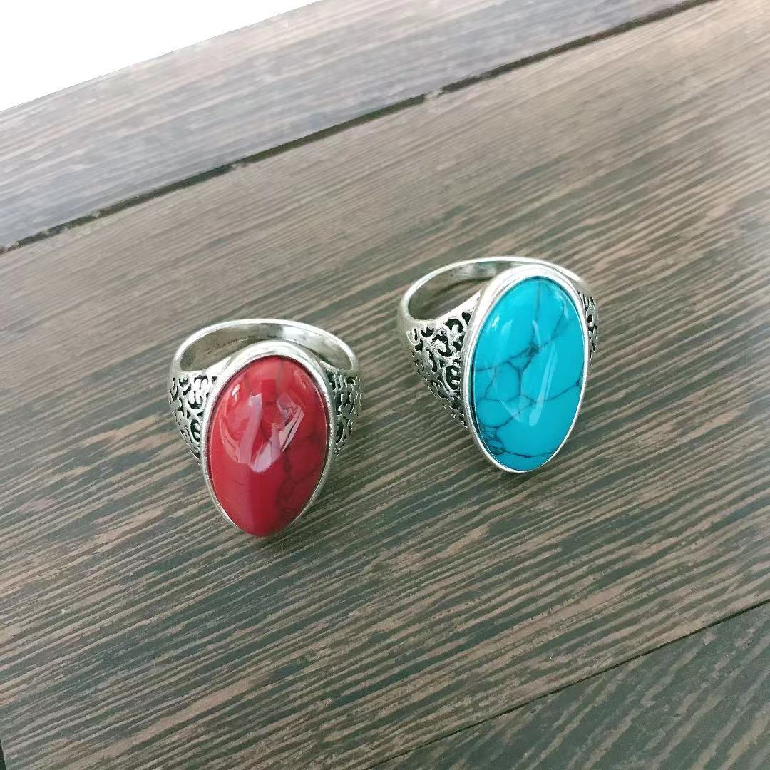 Retro Alloy Ring In Antique Silver With Blue And Red Turquoise Accents European Inspired Design Jewelry Pieces