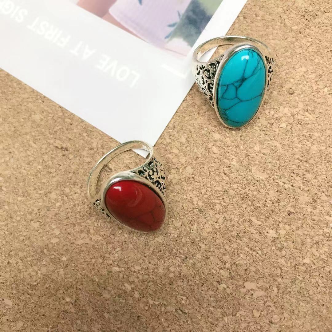 Retro Alloy Ring In Antique Silver With Blue And Red Turquoise Accents European Inspired Design Jewelry Pieces