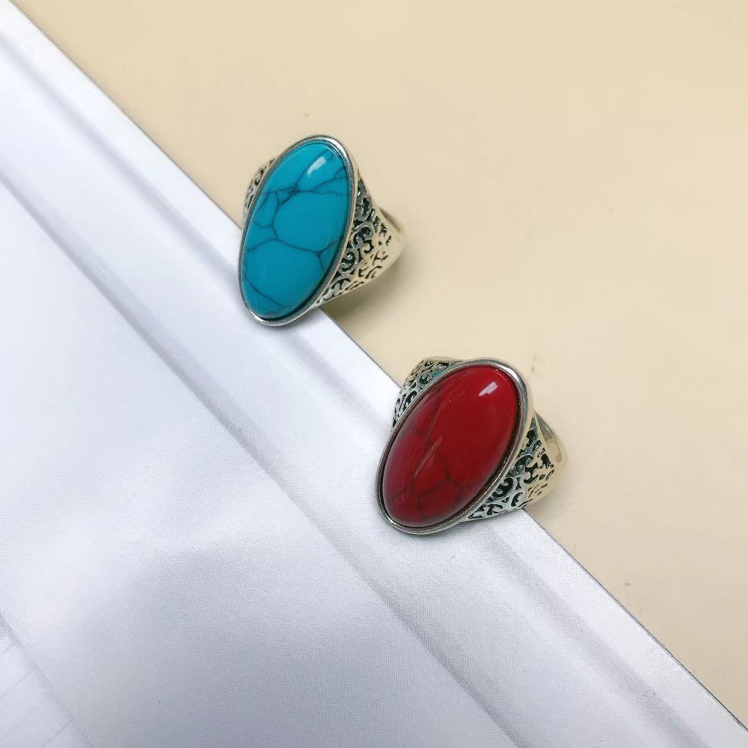 Retro Alloy Ring In Antique Silver With Blue And Red Turquoise Accents European Inspired Design Jewelry Pieces