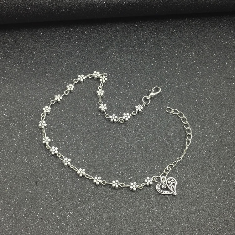 Alloy Anklet With Plum Blossom Heart Charms European Geometric Foot Chain For Beach Wear With Adjustable Chain