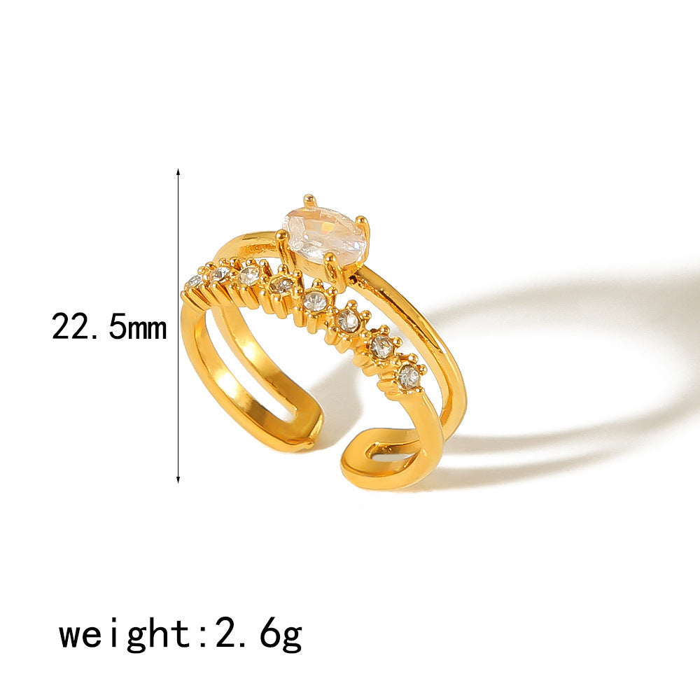 Retro Design Geometric Inlaid Zircon Stainless Steel Ring Open Mouth Split Ring Female Affordable Luxury Style