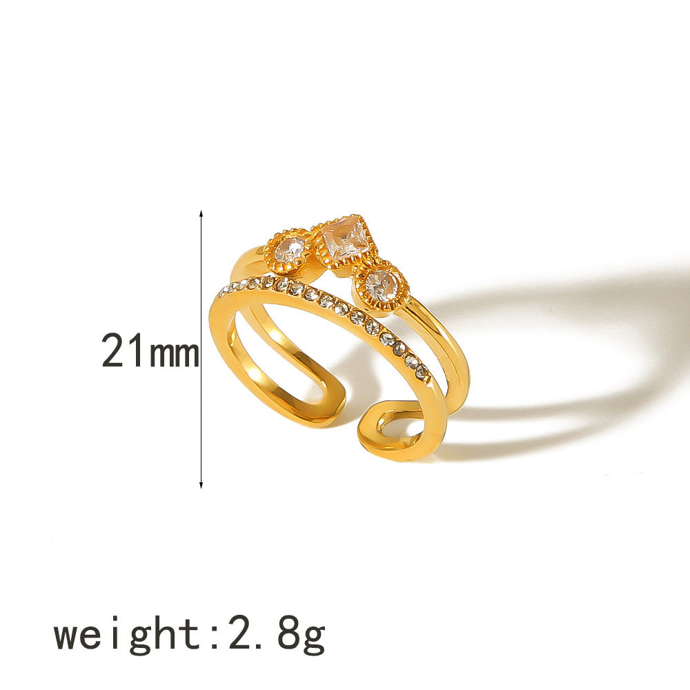 Retro Design Geometric Inlaid Zircon Stainless Steel Ring Open Mouth Split Ring Female Affordable Luxury Style