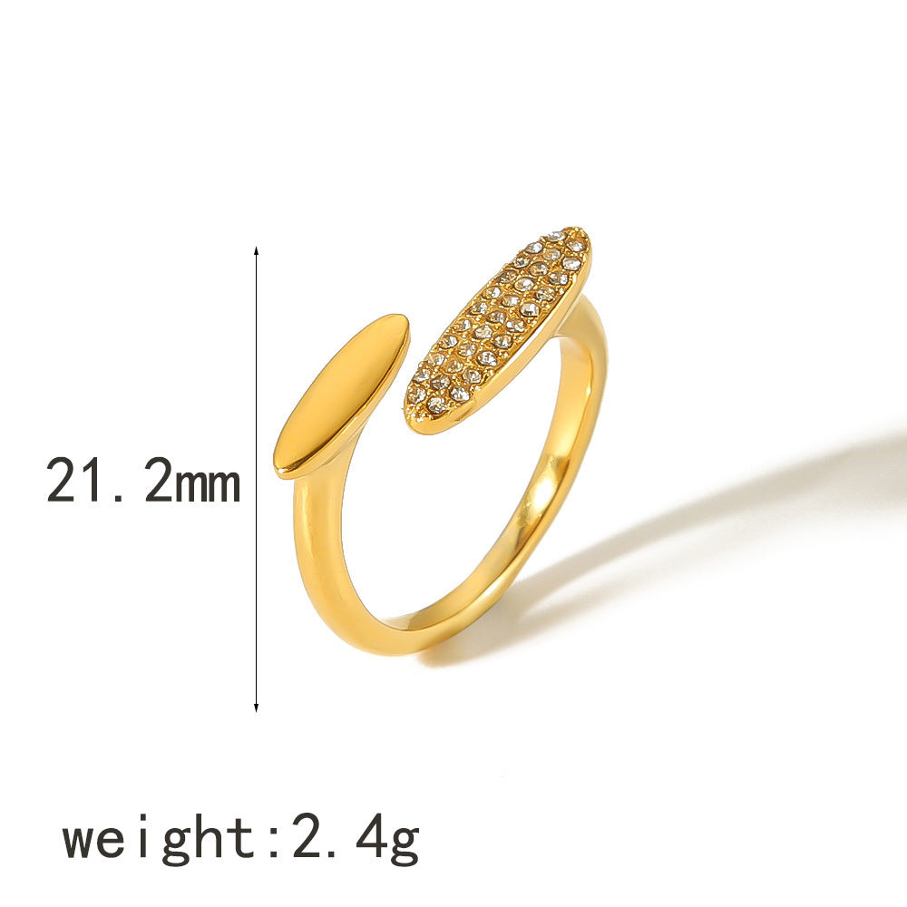 Retro Design Geometric Inlaid Zircon Stainless Steel Ring Open Mouth Split Ring Female Affordable Luxury Style