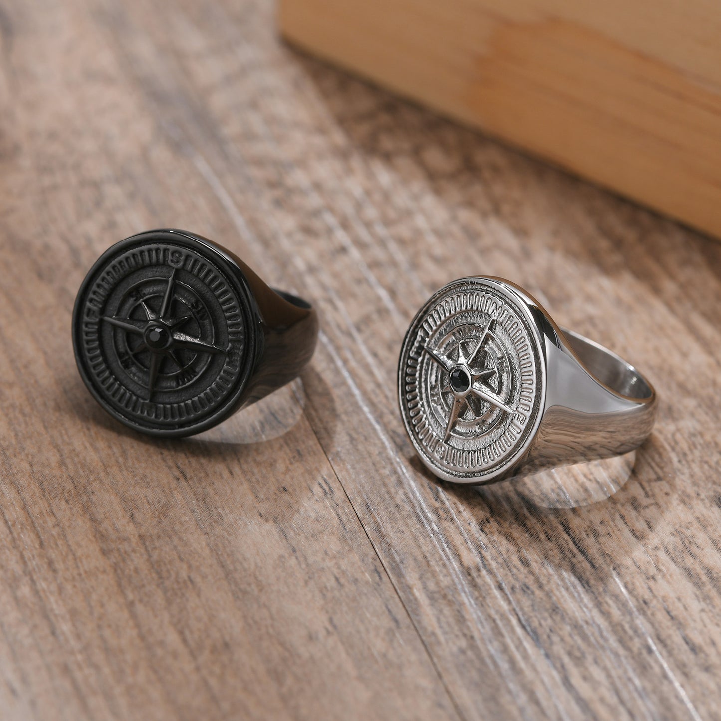 Stainless Steel Compass Ring Black Round Mens Fashion Accessory Durable Lightweight Gift Idea for Him Everyday