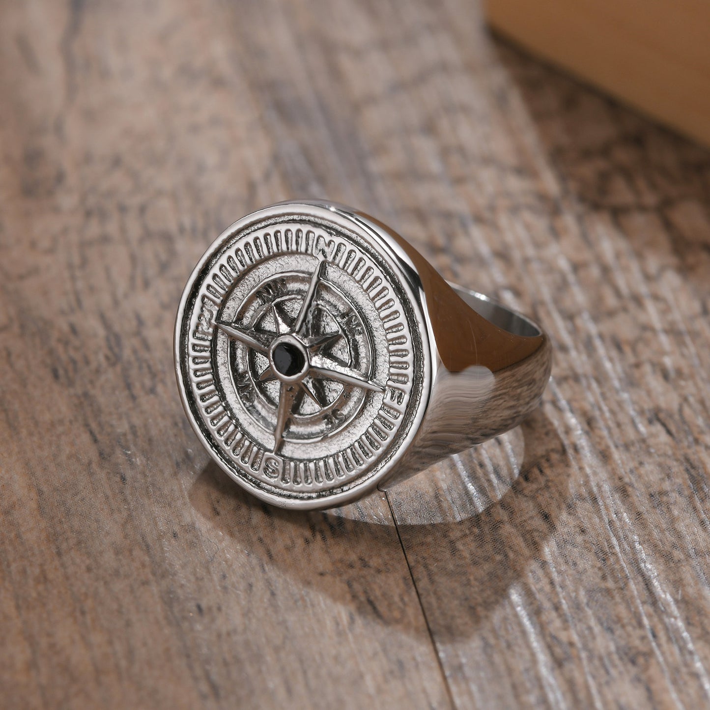 Stainless Steel Compass Ring Black Round Mens Fashion Accessory Durable Lightweight Gift Idea for Him Everyday