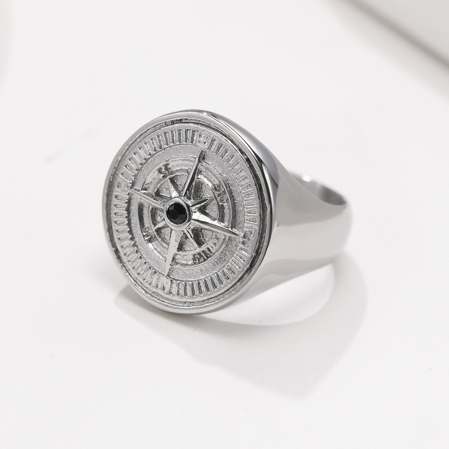 Stainless Steel Compass Ring Black Round Mens Fashion Accessory Durable Lightweight Gift Idea for Him Everyday