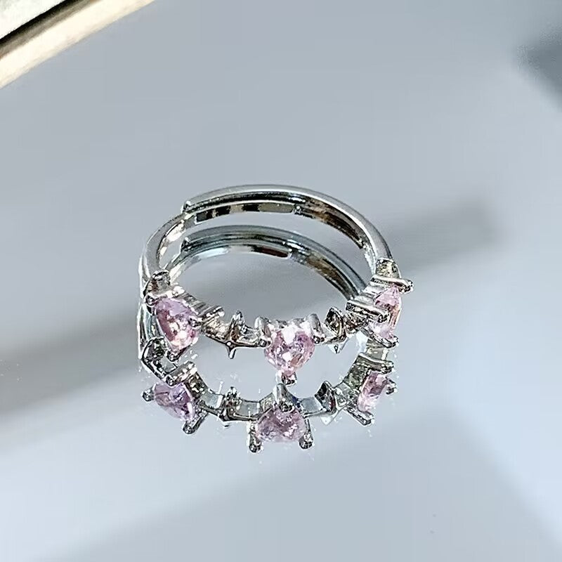 Adjustable Heart Ring For Women Pink Zirconium Silver