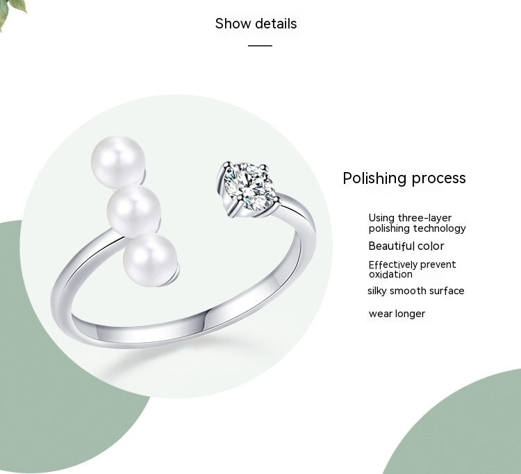 Womens Sterling Silver Ring With Pearl Adjustable Geometric Ring European Design S925 Silver Ring Round And Line
