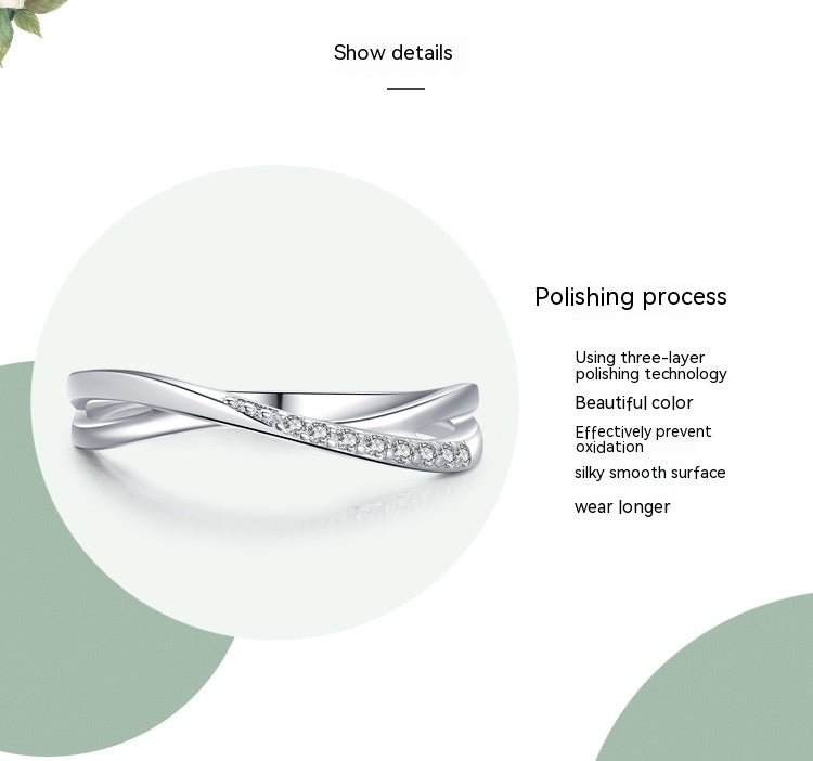 Womens Sterling Silver Ring Gold Plated Gemstone Inlay Geometric Cross Line Design Korean Fashion Travel Inlay