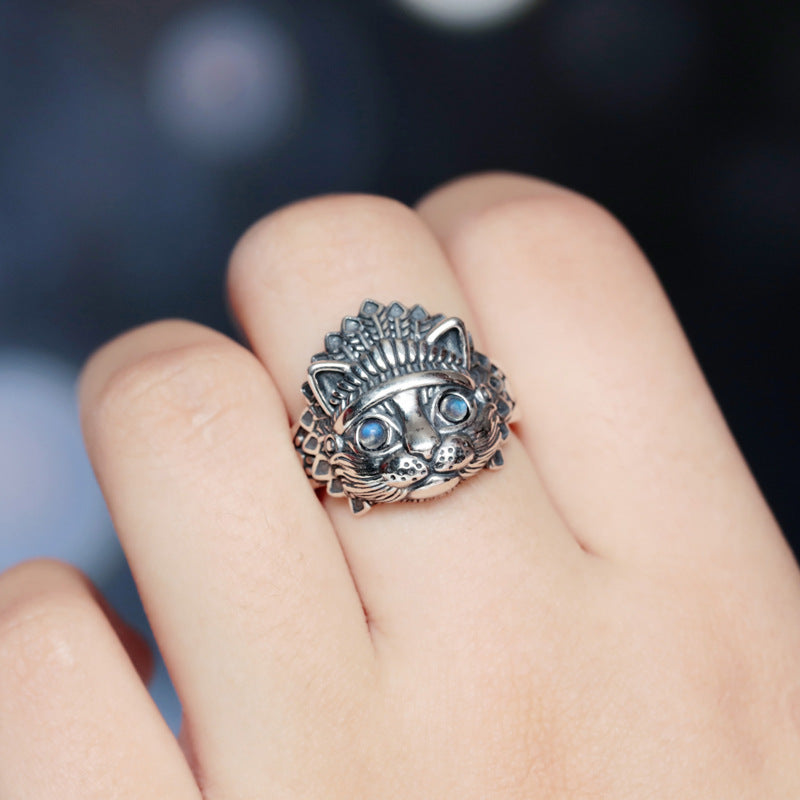 Mens Vintage Copper Cat Ring Adjustable Electroplated Moonstone Ring Indian Zodiac Animal Ring Unique Design Ring