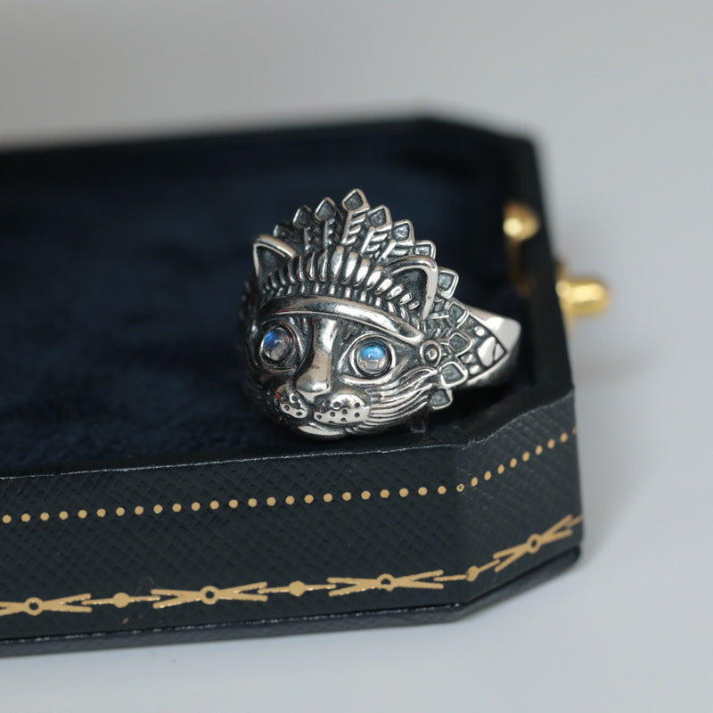 Mens Vintage Copper Cat Ring Adjustable Electroplated Moonstone Ring Indian Zodiac Animal Ring Unique Design Ring