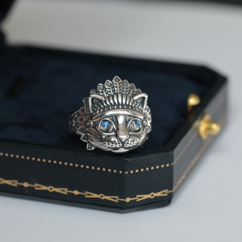 Mens Vintage Copper Cat Ring Adjustable Electroplated Moonstone Ring Indian Zodiac Animal Ring Unique Design Ring