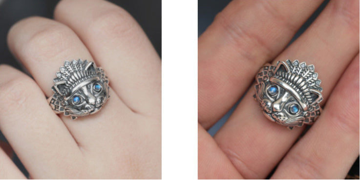 Mens Vintage Copper Cat Ring Adjustable Electroplated Moonstone Ring Indian Zodiac Animal Ring Unique Design Ring