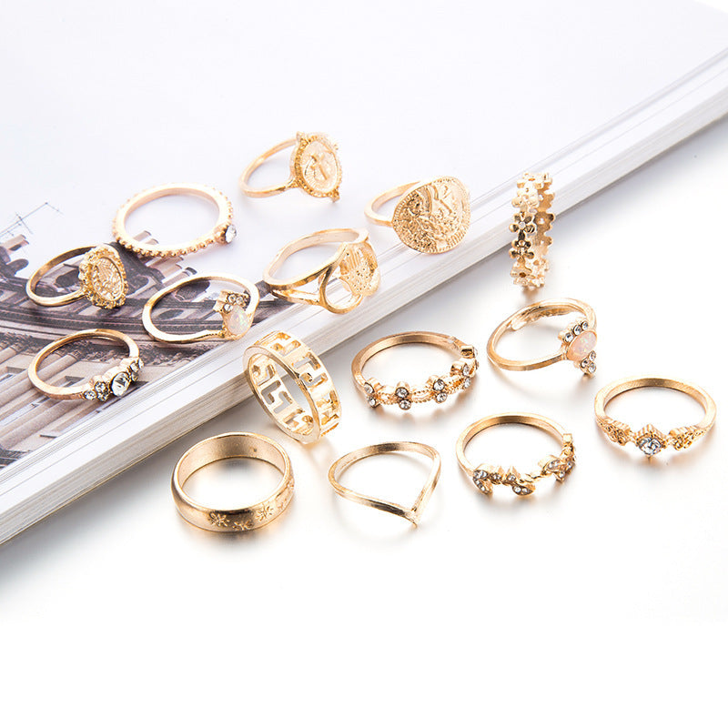 Womens Fashion Jewelry Rings Set 12 Pcs With Cross Design And European American Gold And Silver Rings GoldTone