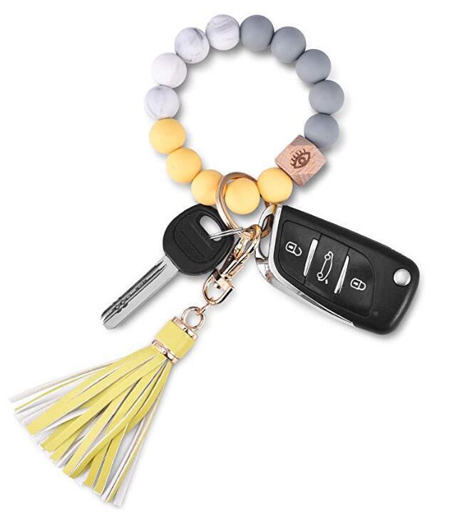 Womens Silicone Wristlet Keychain With Wood Beads Bracelet Key Ring For Handbags Car Decoration And Pendant OK