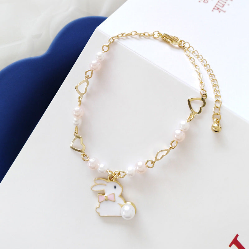 Geometric Pearl Bracelet Alloy Jewelry With Rabbit Design Korean Style Gift For Her Elegant Vintage Style Gift