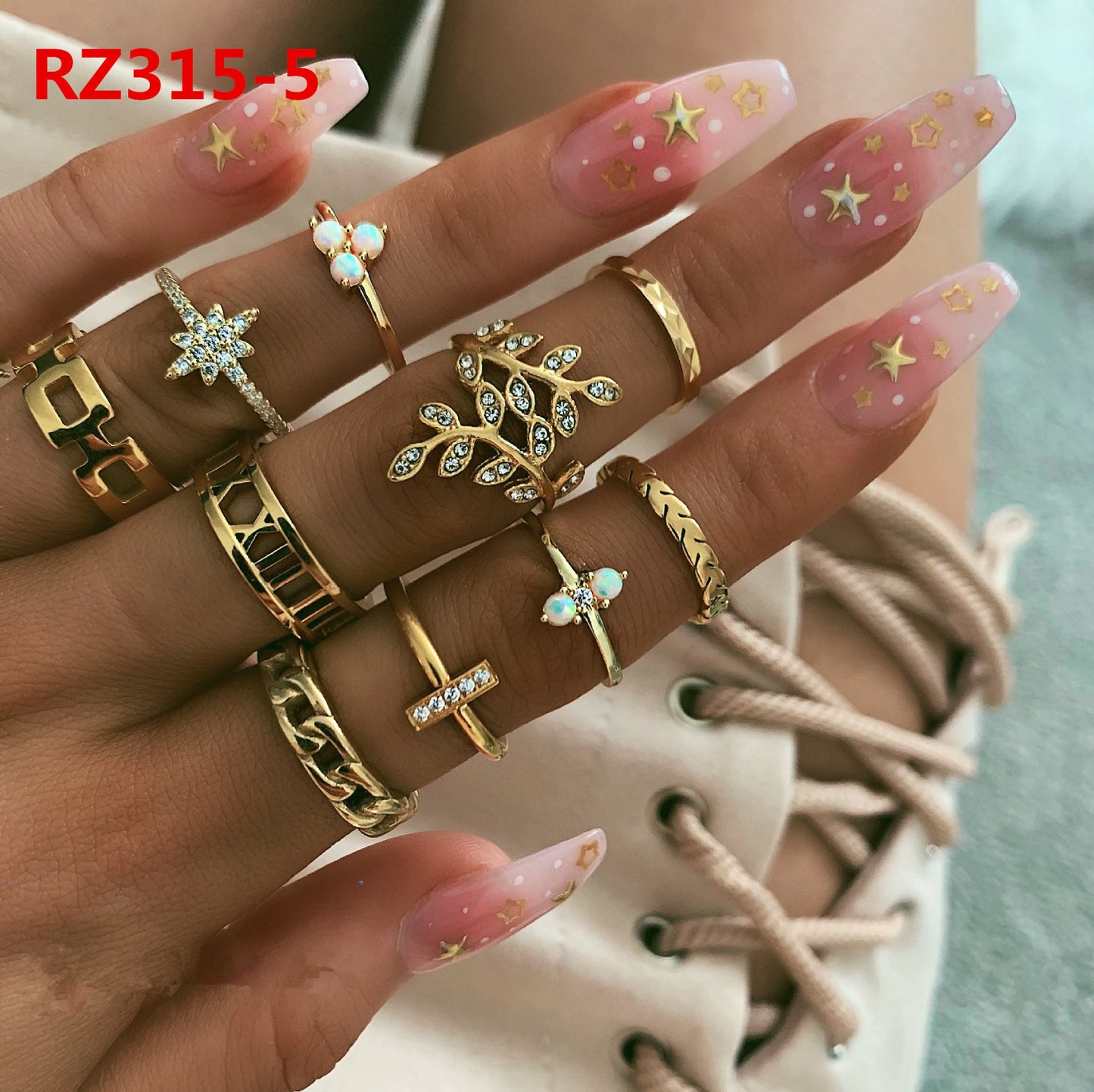 Womens Bohemian Ring Set Geometric Inlaid Gemstones Alloy Electroplated European Style Rings Jewelry Set Gifts