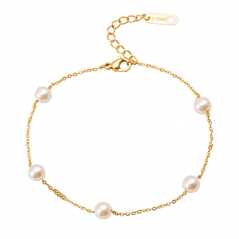 Women Anklet Titanium Steel Pearl Foot Chain Geometric Design Beach Jewelry Durable Foot Accessory Stylish Pro