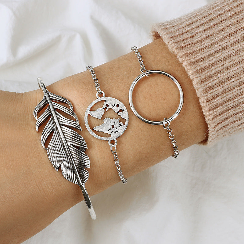 Womens Bracelet Set Geometric Alloy Design Three Piece Smooth Circle Map And Leaf Fashion Wave Mosaic Material