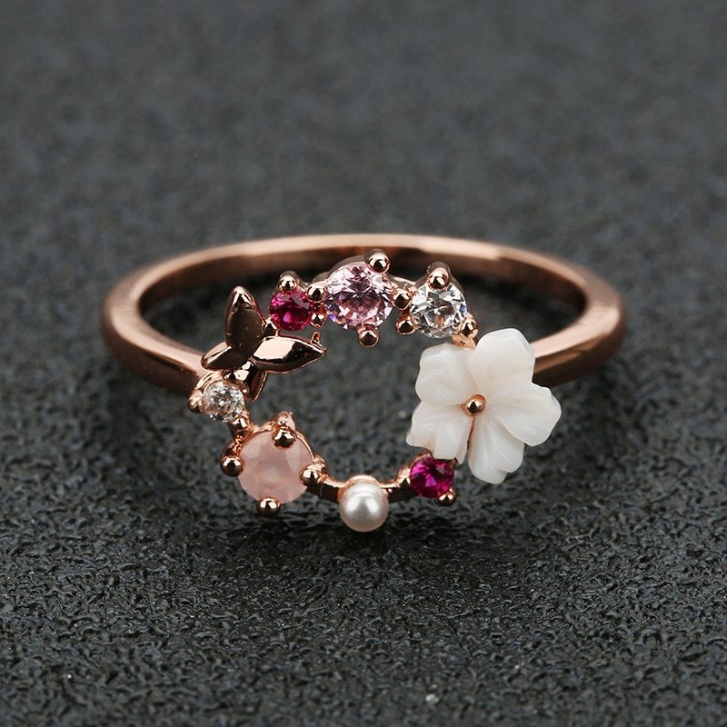 Womens Elegant Butterfly Flower Ring Rose Gold Plated Copper Electroplated Durable Fashion Jewelry Gift For Her