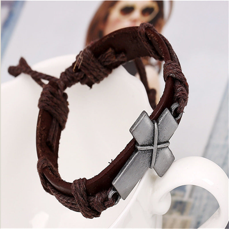 Leather Cross Bracelet For Men And Women Vintage Brown Cowhide Alloy Adjustable Length First Layered Wristwear