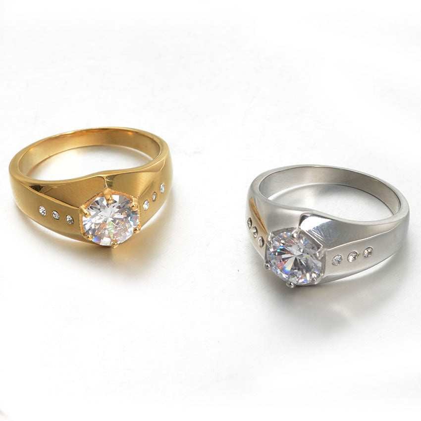 Mens Geometrical Stainless Steel Wedding Ring Gold Plated Inlaid Gemstones Polished Finish Durable Everyday Use