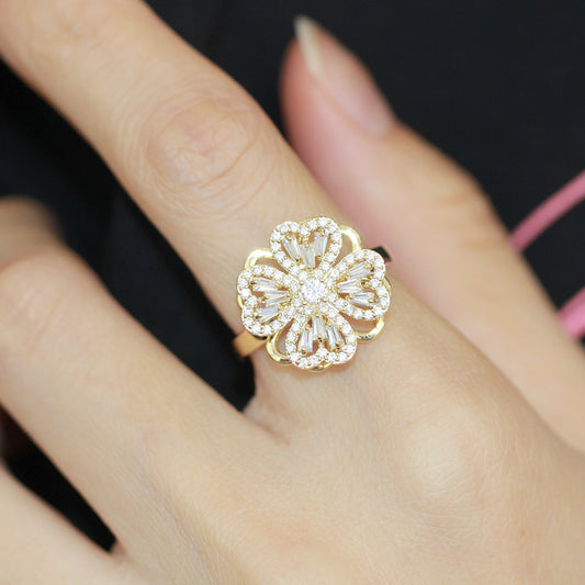 Womens Rotatable Clover Ring Gold Plated Copper Adjustable Fashion Korean Ring Lucky Four Leaf Clover Ring Set