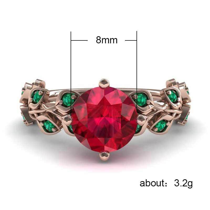 Red Flower Green Leaf Diamond Ring Copper Rose Gold Tone Elegant Jewelry for Women Size 6 7 8 9 10 Elegant Gift