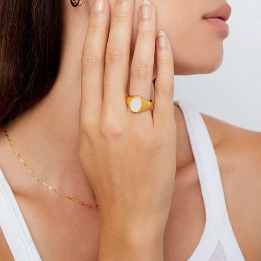 Geometric Natural White Fritillaria Shell Ring Stainless Steel Jewelry Long Lasting Color Women And Girls Ring