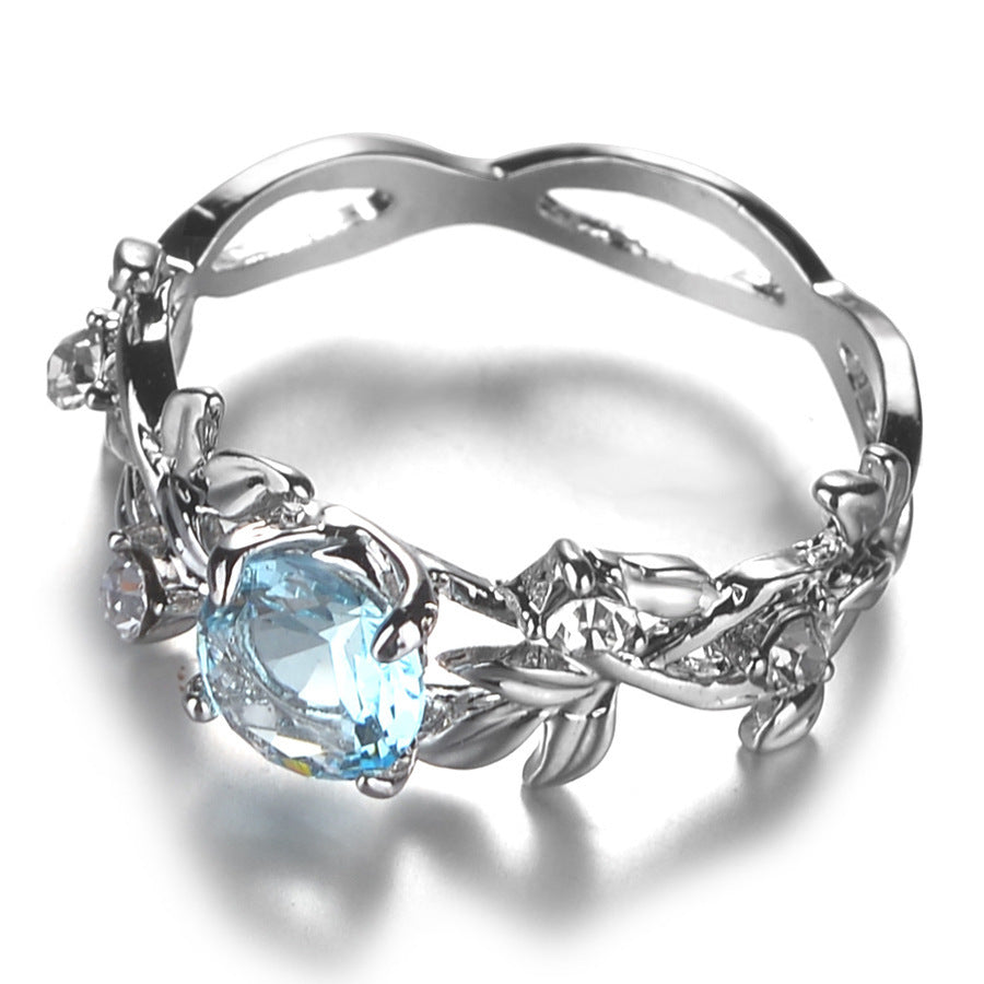 Womens Leaf Ring With Gemstones Inlaid And Diamond Detailing Sea Blue Alloy Jewelry For Her Souvenir Accessory