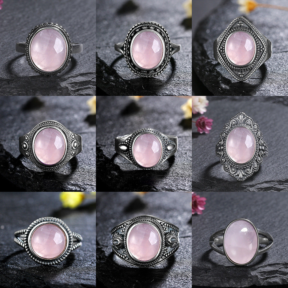 Retro Pattern Crystal Gemstone Flower Ring Pink Copper For Women US Sizes 06 07 8 9 10 Elegant Vintage Jewelry