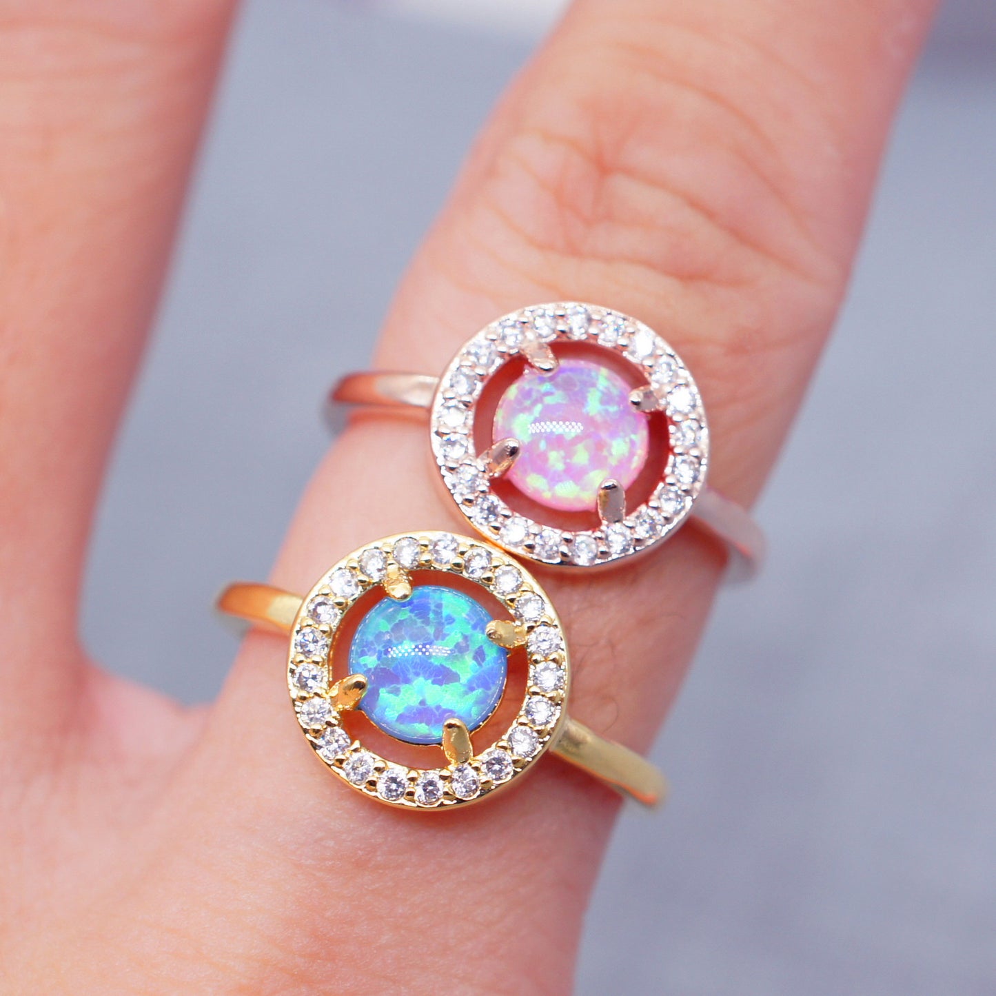 Womens Diamond Encrusted Ring Blue Pink Opal Gemstone Gold Plated Rose Gold Geometric Jewelry Gift Anniversary