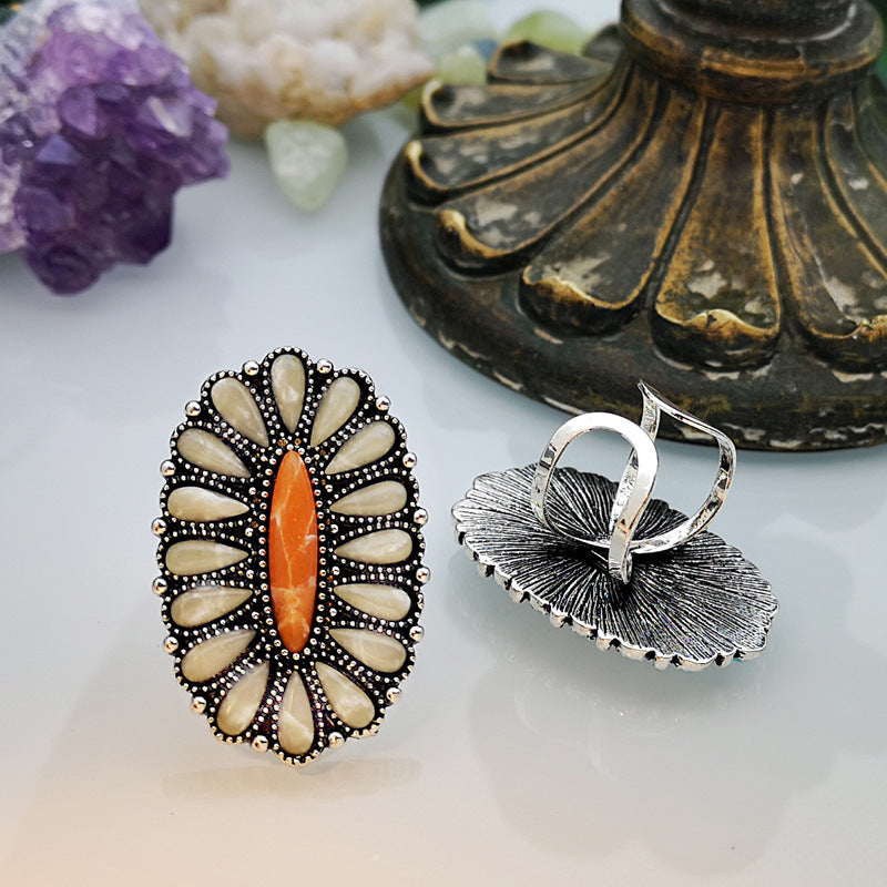 Retro Exaggerated Ring Colorful White Jade Turquoise Adjustable Opening Unisex Electroplated Statement Jewelry