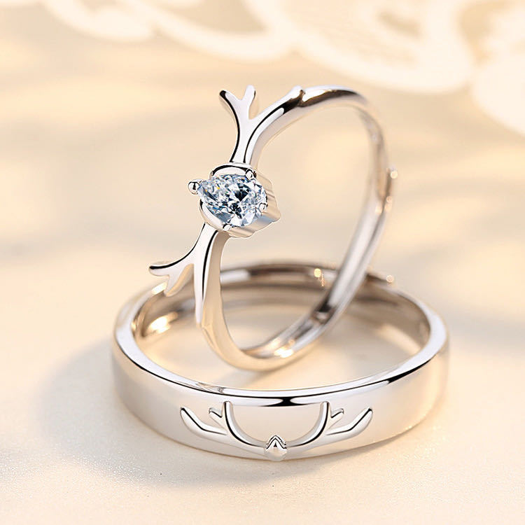 Deer Ring for Couples Animal Ring Set Matching Rings for Lovers Gift Jewelry for Him and Her Mens and Womens White Diamond and Blue Diamond Options