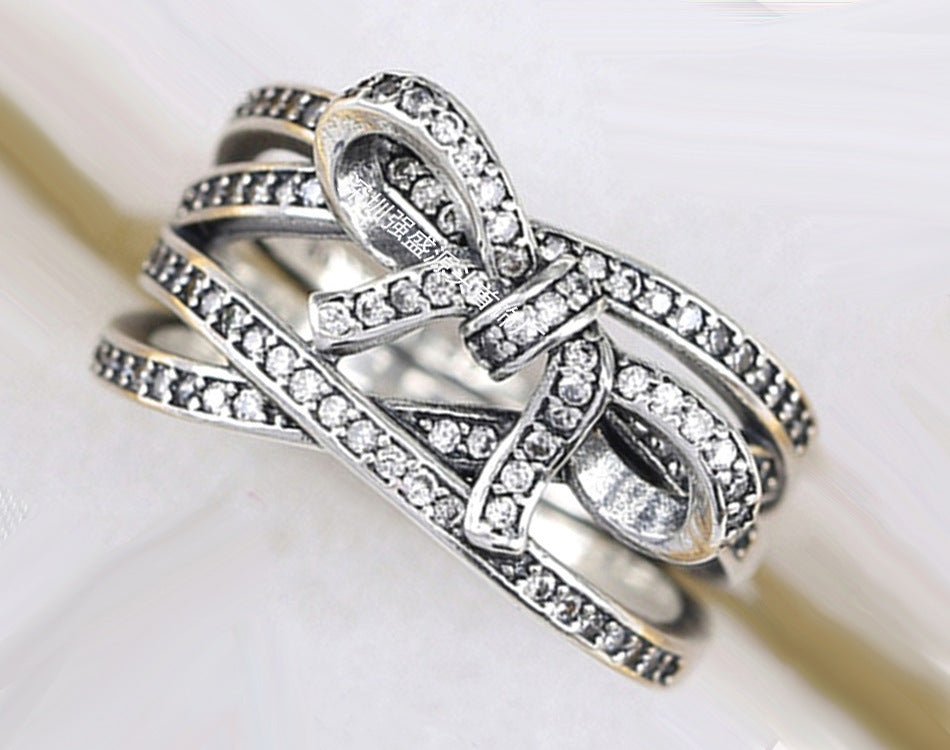 Womens Multi Layer Cross Bow Ring Rhinestone Copper European American Style Festive Gift Ring For Her Delicate