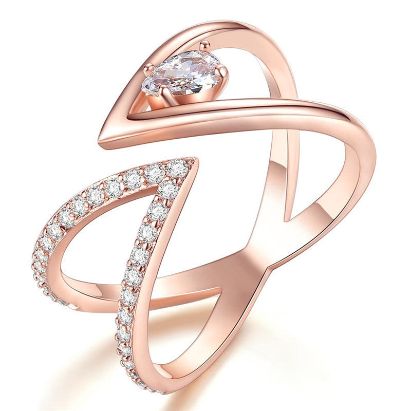 V Shaped Cross Drop Ring Copper Gold Plated Zircon Jewelry