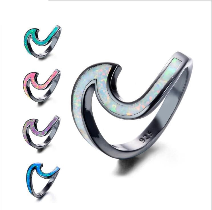 Womens Heart Ring Gold Plated Black Opal And White Ocean Wave Design Heart Shaped Jewelry For Women Size 5 To 10