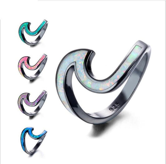 Womens Heart Ring Gold Plated Black Opal And White Ocean Wave Design Heart Shaped Jewelry For Women Size 5 To 10