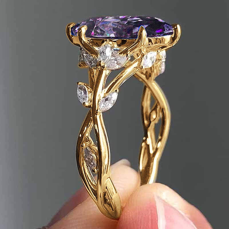 Zircon Ring Female Court Leaf Vine Design Inlaid Zircon Copper Band Leaves White Blue Red Green Purple Size Six